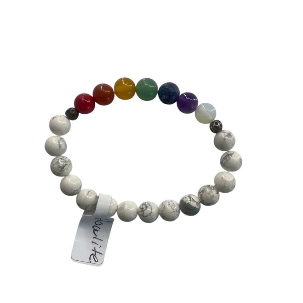 Howlite White,Grey, gemstones with multi colored gemstone center, Bracelet - Picture 2 of 5